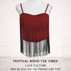 Love Culture Fringe Crop Tank Top Ombre Red Black Festival Cowgril Western